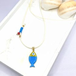 Κολιέ με κορδόνι και ψάρι ατσάλι μπλε