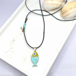 Κολιέ με κορδόνι και ατσάλινο ψάρι τυρκουάζ