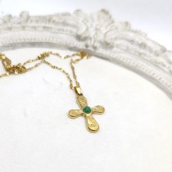 Κολιέ σταυρός ατσάλι με πέτρα μαλαχίτη