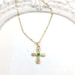 Κολιέ σταυρός ατσάλι με πέτρα μαλαχίτη - Image 2