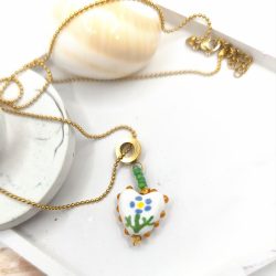 Κολιέ ατσάλι με κρεμαστή γυάλινη ζωγραφισμένη καρδιά